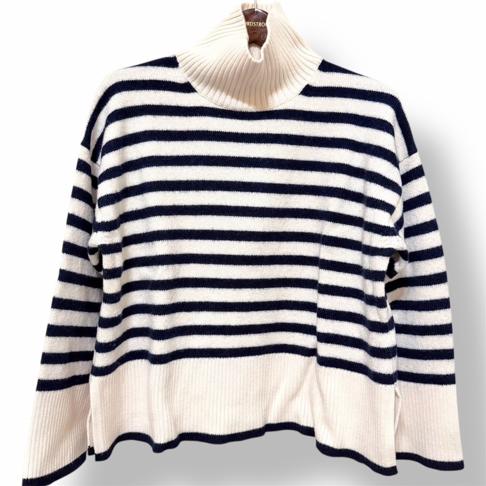 Babaton 100% Merino Wool striped mock neck pullover sweater, black / cream, sz L